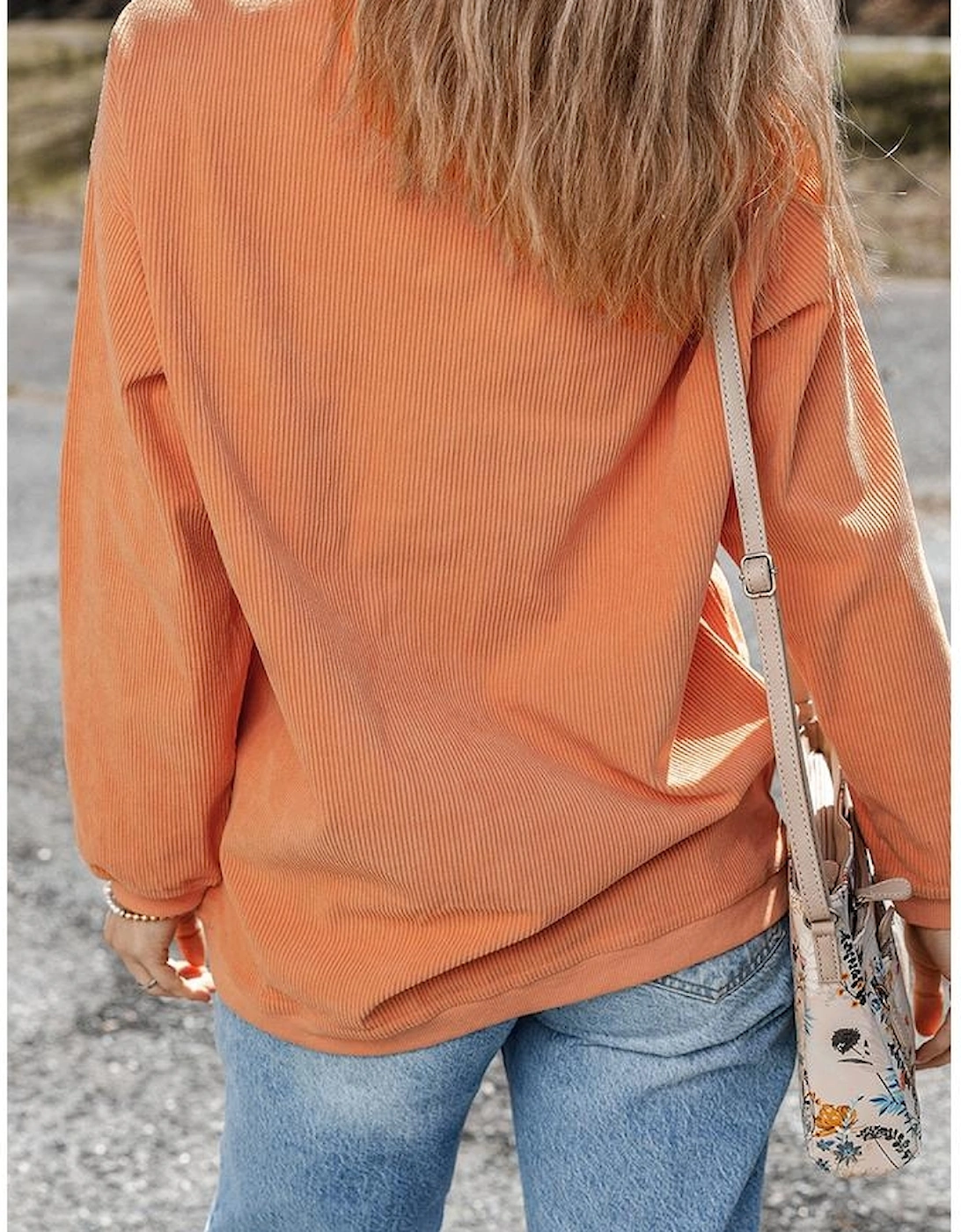 Orange Thankful Ribbed Crew Neck Thanksgiving Sweatshirt