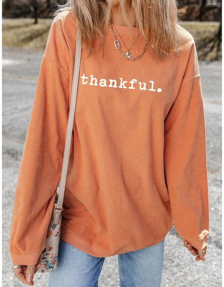 Orange Thankful Ribbed Crew Neck Thanksgiving Sweatshirt