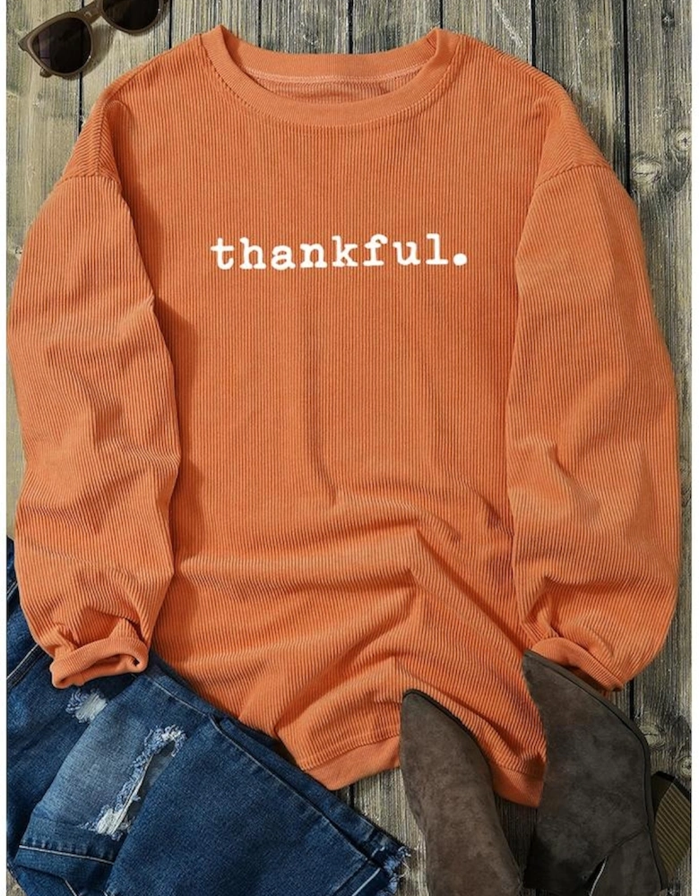 Orange Thankful Ribbed Crew Neck Thanksgiving Sweatshirt