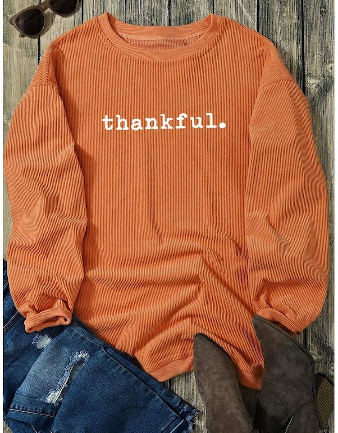 Orange Thankful Ribbed Crew Neck Thanksgiving Sweatshirt