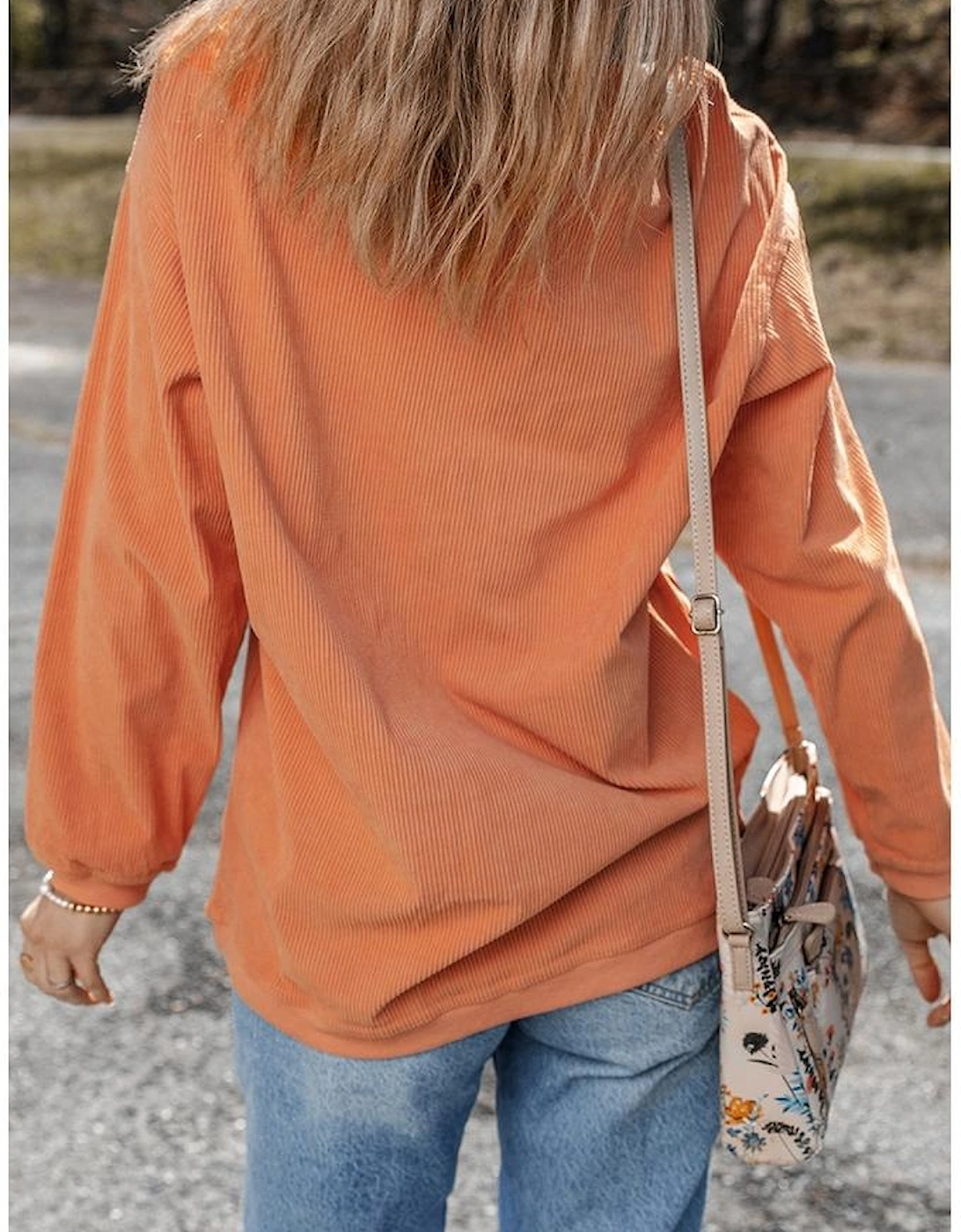 Orange Thankful Ribbed Crew Neck Thanksgiving Sweatshirt