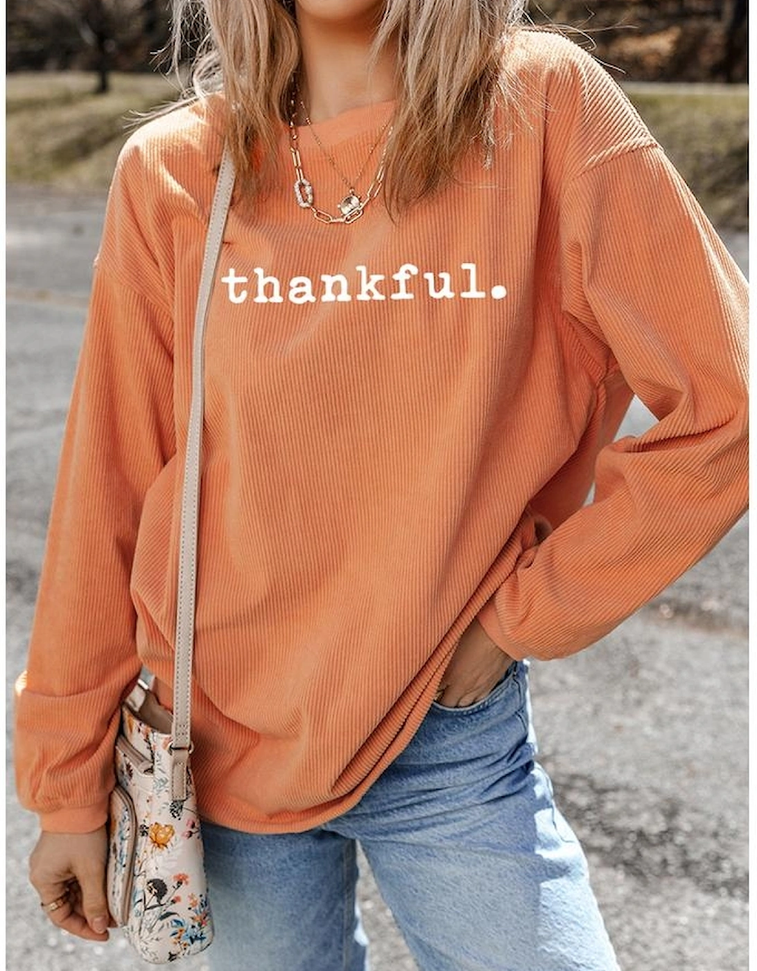 Orange Thankful Ribbed Crew Neck Thanksgiving Sweatshirt