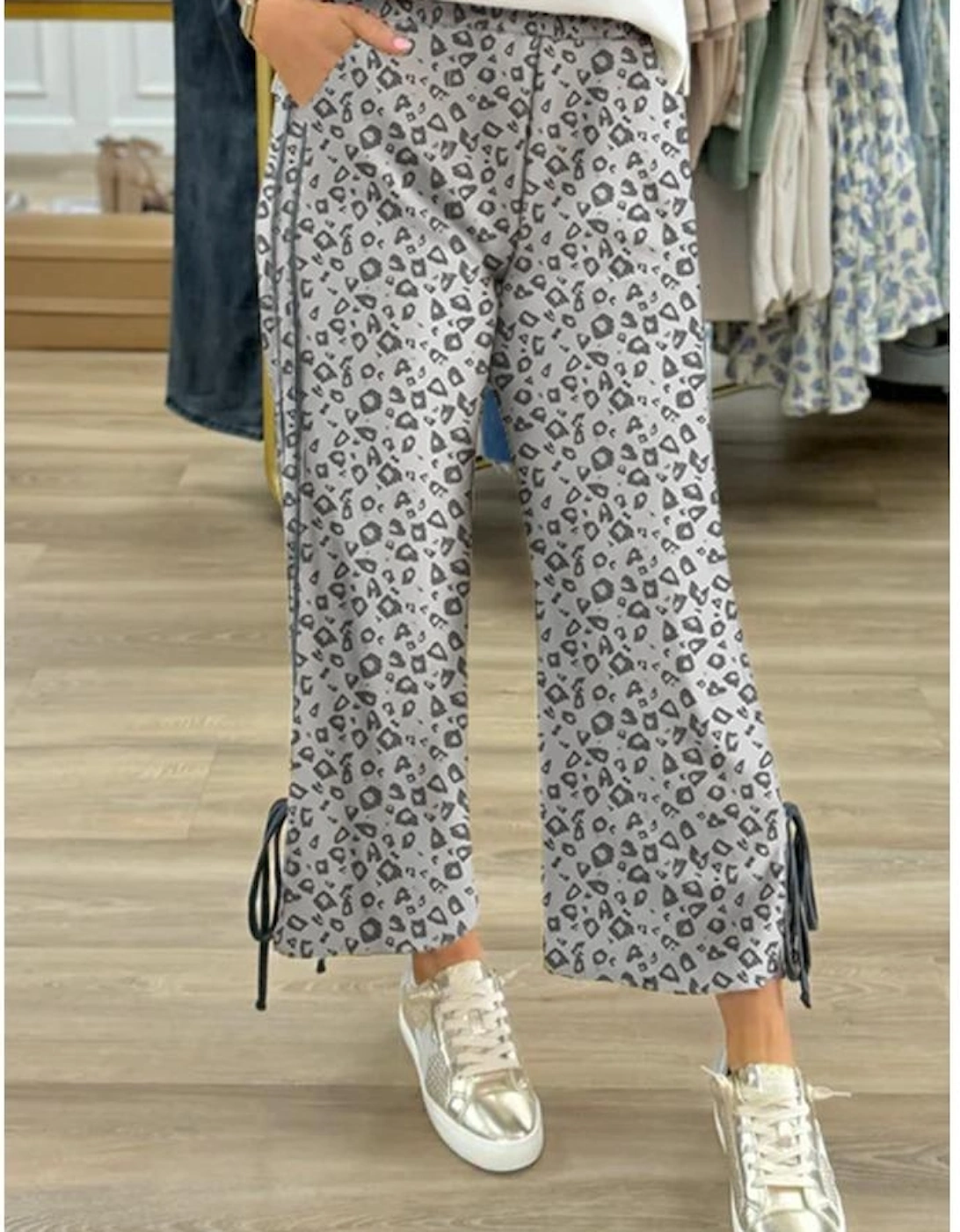 Khaki Leopard High Waist Side Bow Straight Leg