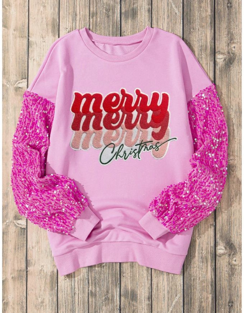 Pink Merry Christmas Graphic Sequin Sleeve Patchwork Top