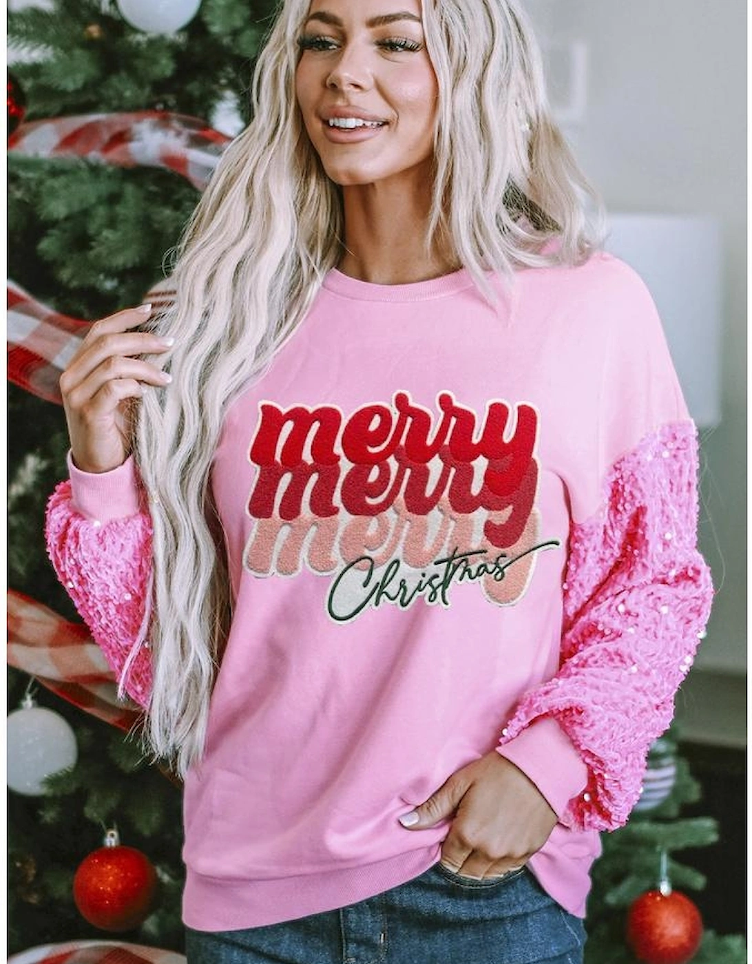 Pink Merry Christmas Graphic Sequin Sleeve Patchwork Top, 6 of 5