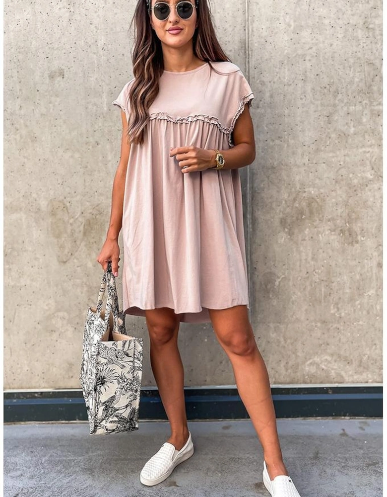 Oatmeal Frilled Trim Crew Neck Loose Fit Mini Dress
