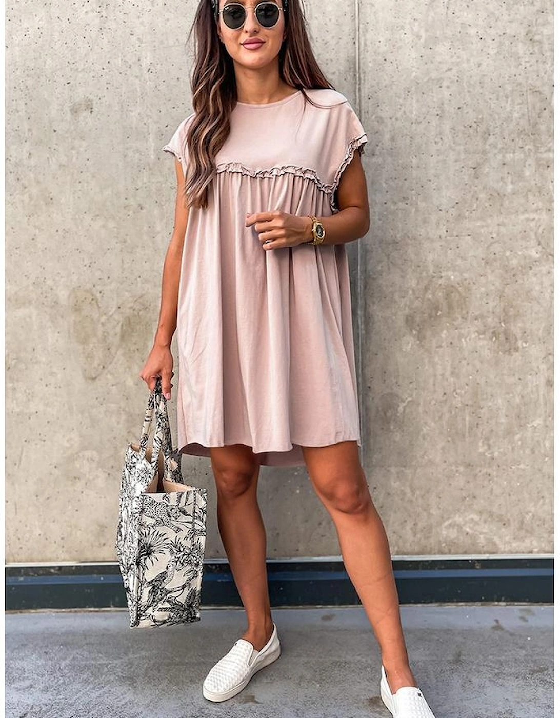 Oatmeal Frilled Trim Crew Neck Loose Fit Mini Dress