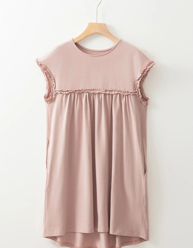 Oatmeal Frilled Trim Crew Neck Loose Fit Mini Dress