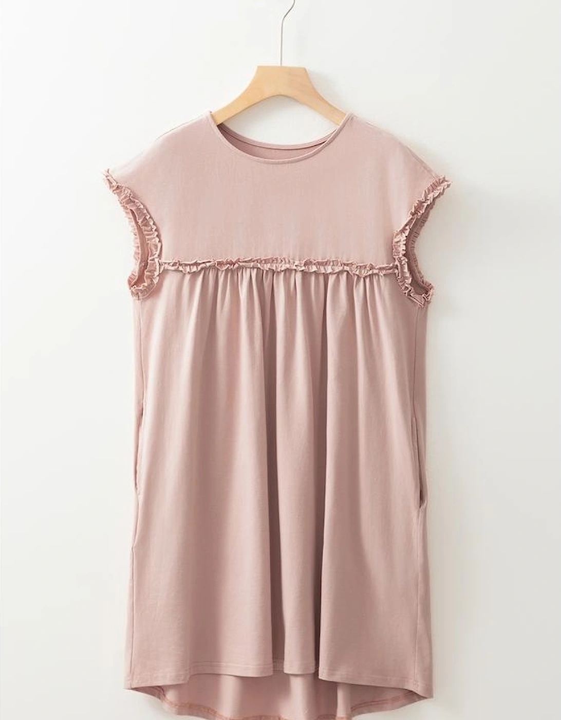 Oatmeal Frilled Trim Crew Neck Loose Fit Mini Dress