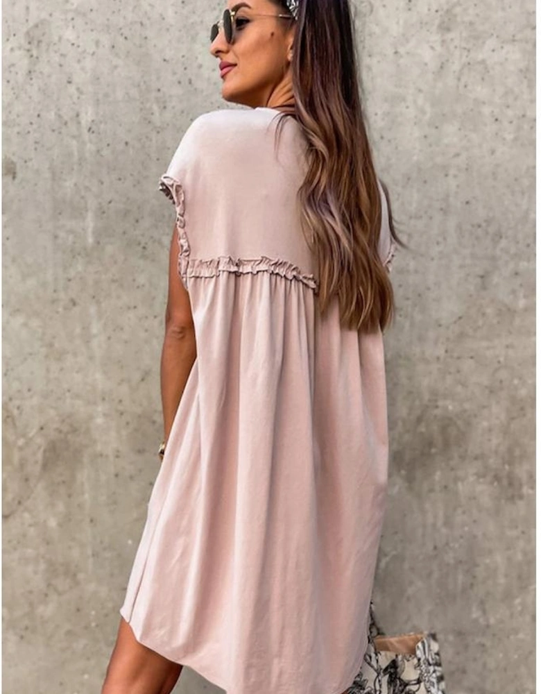 Oatmeal Frilled Trim Crew Neck Loose Fit Mini Dress
