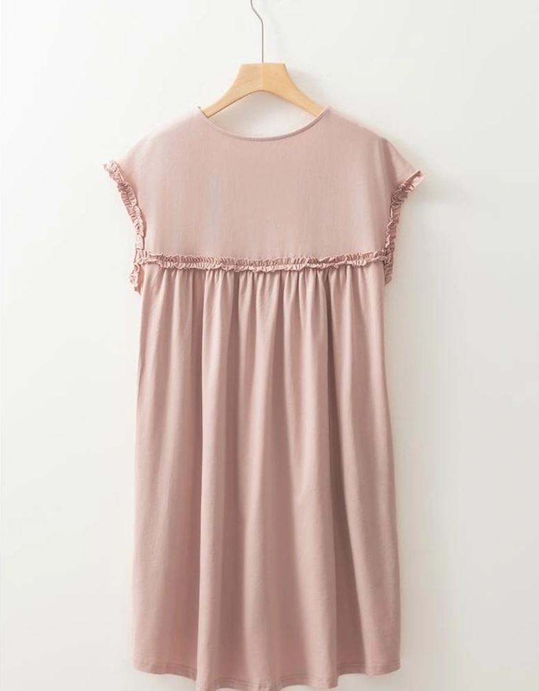 Oatmeal Frilled Trim Crew Neck Loose Fit Mini Dress