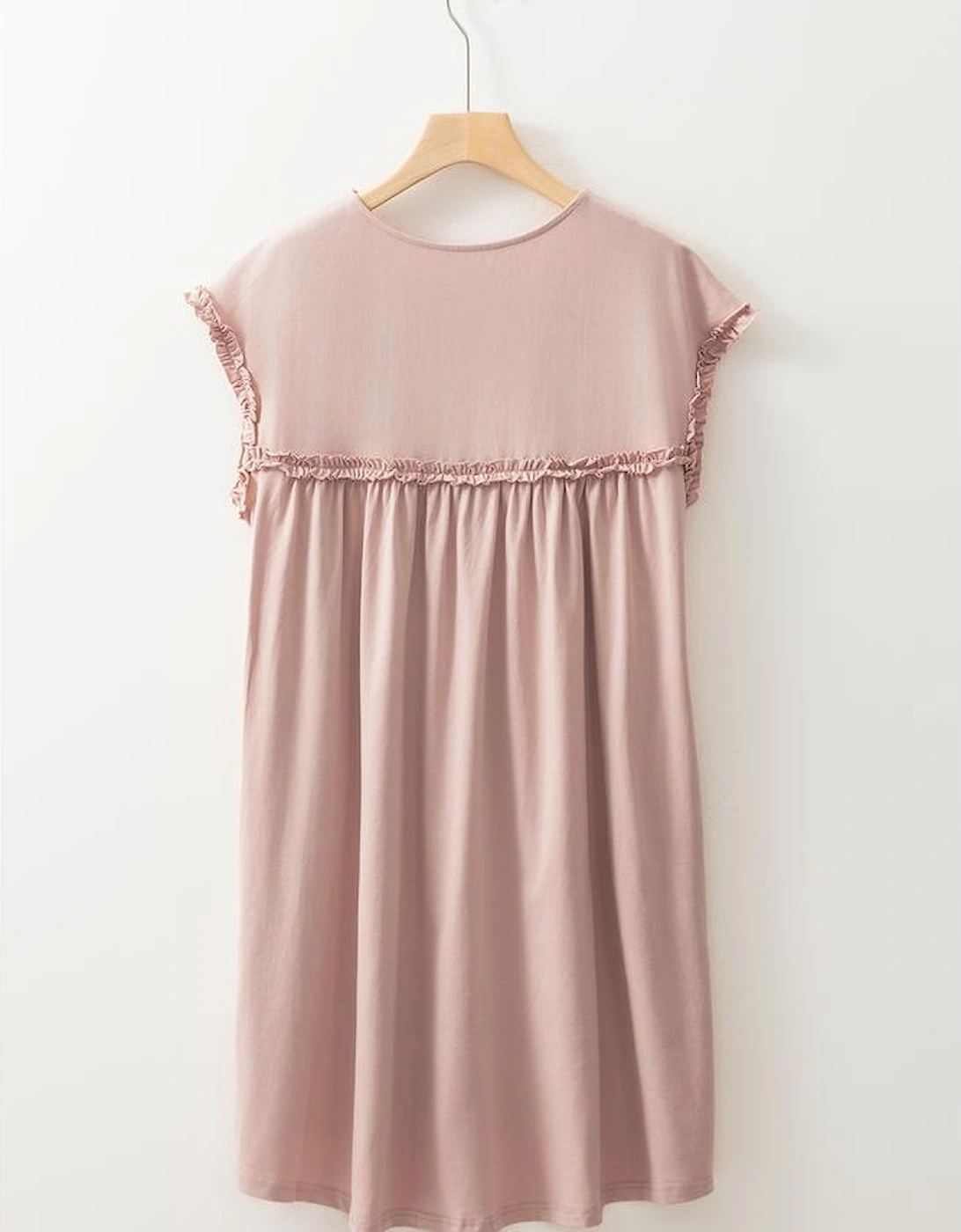 Oatmeal Frilled Trim Crew Neck Loose Fit Mini Dress