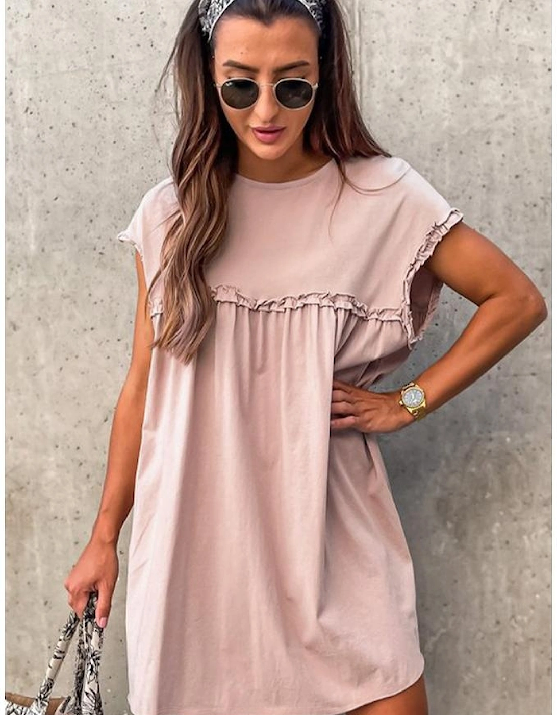 Oatmeal Frilled Trim Crew Neck Loose Fit Mini Dress
