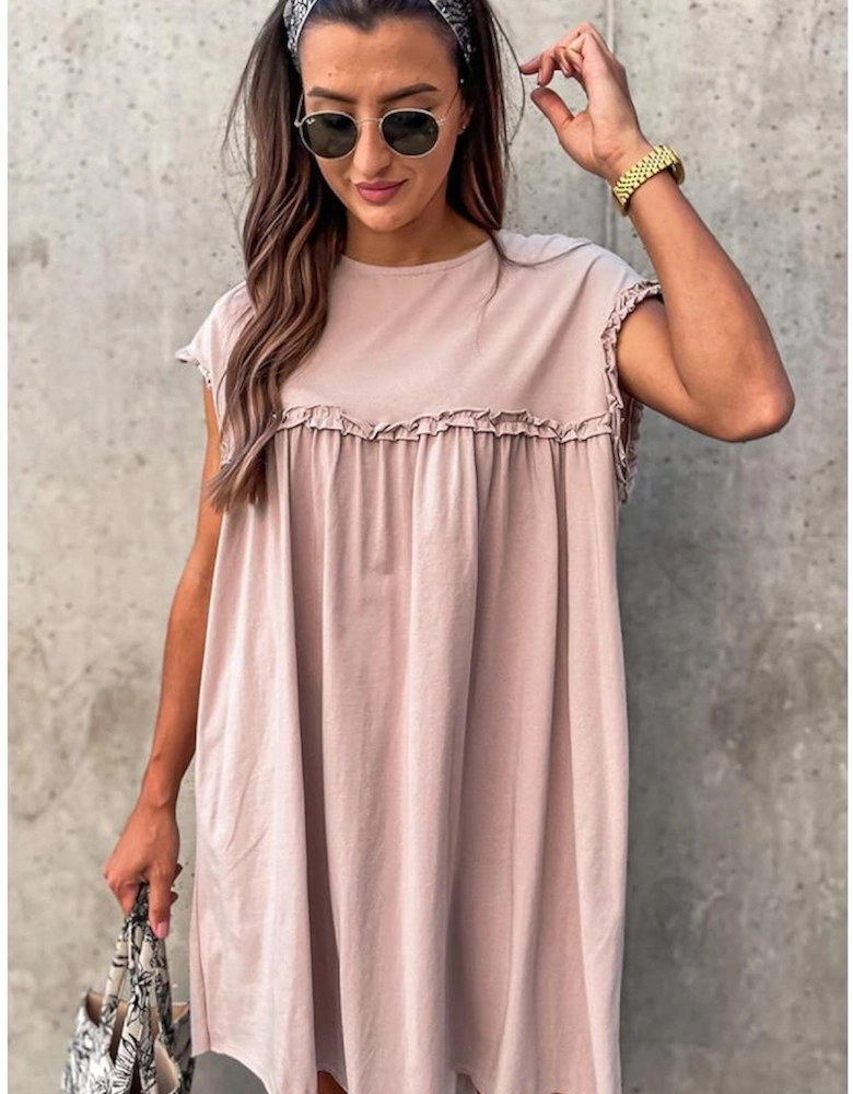Oatmeal Frilled Trim Crew Neck Loose Fit Mini Dress