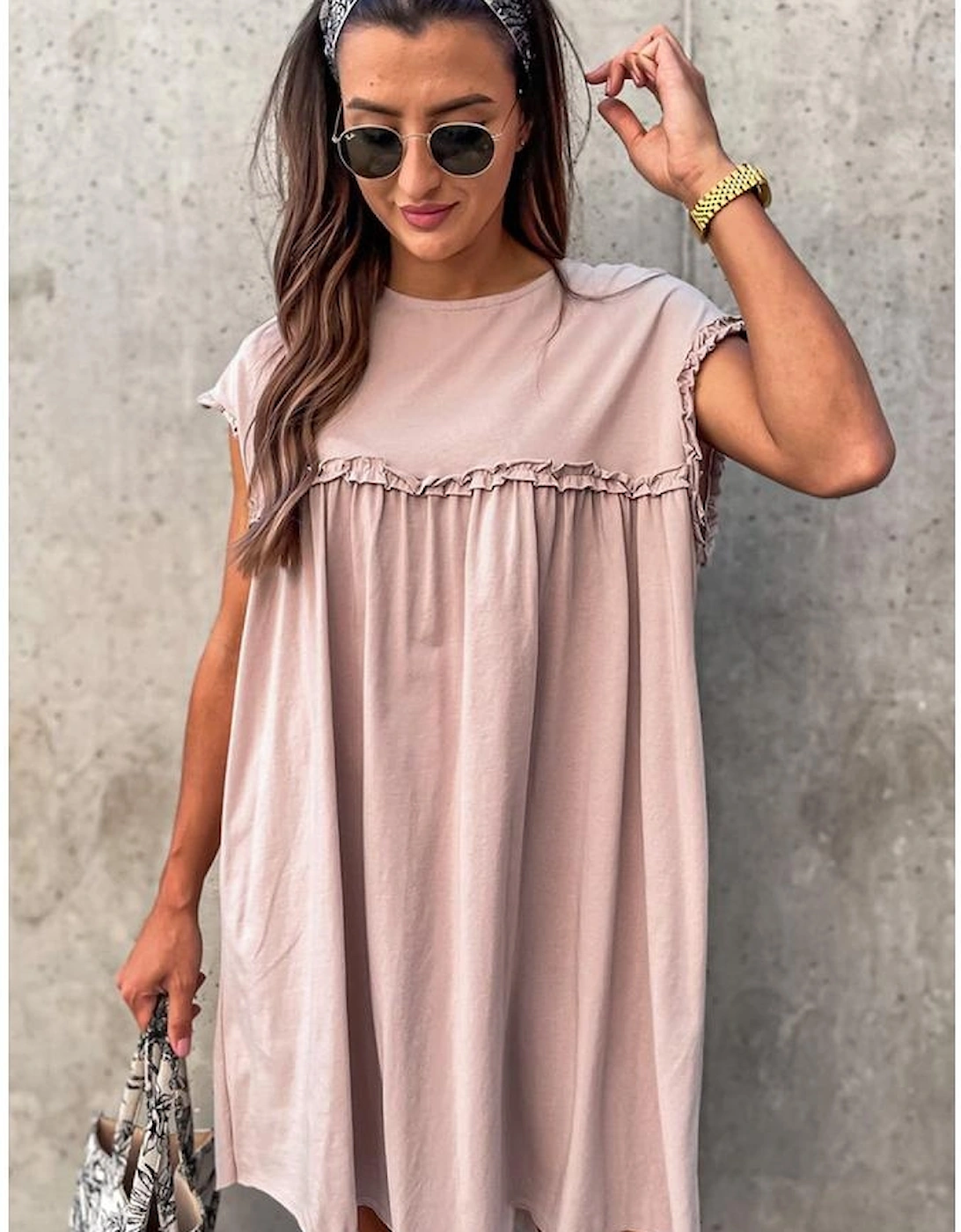Oatmeal Frilled Trim Crew Neck Loose Fit Mini Dress
