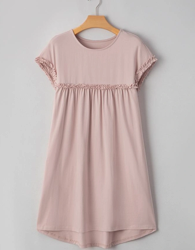 Oatmeal Frilled Trim Crew Neck Loose Fit Mini Dress