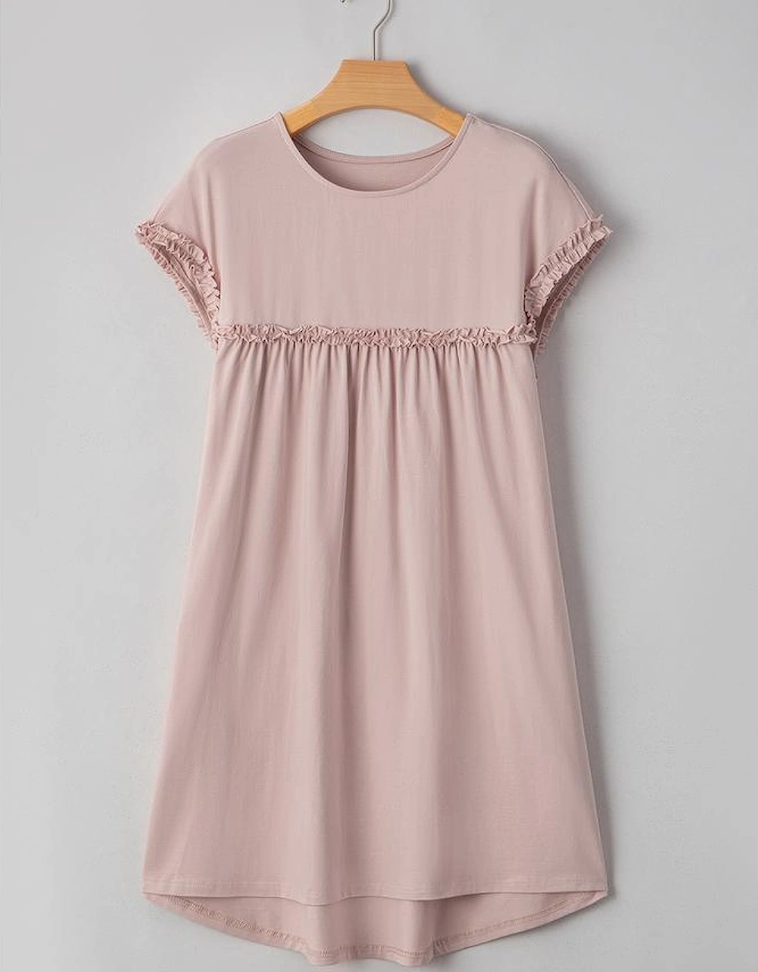 Oatmeal Frilled Trim Crew Neck Loose Fit Mini Dress