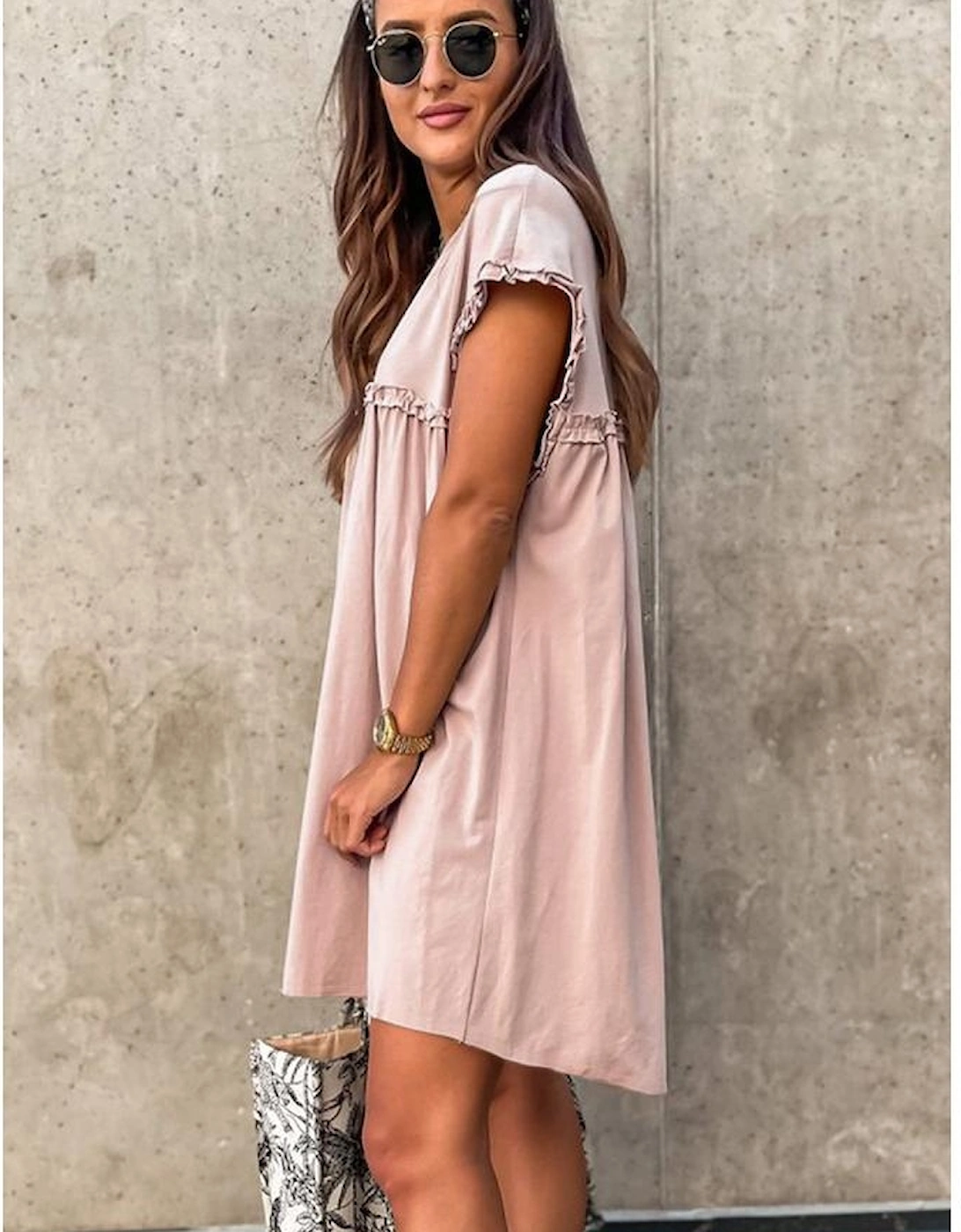 Oatmeal Frilled Trim Crew Neck Loose Fit Mini Dress