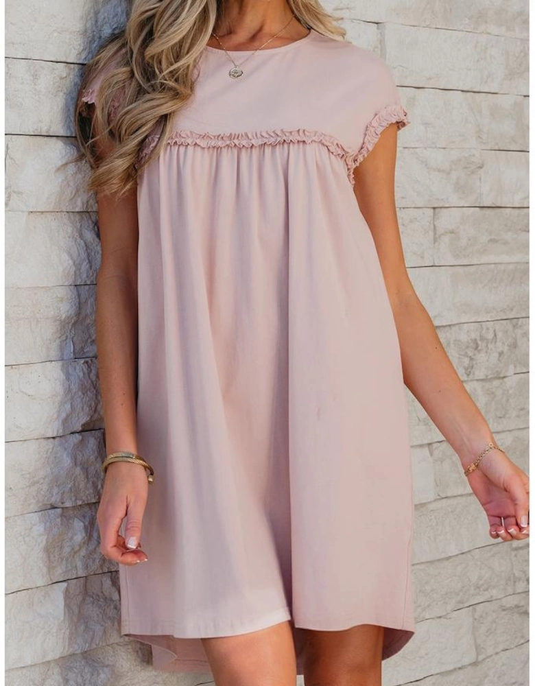 Oatmeal Frilled Trim Crew Neck Loose Fit Mini Dress