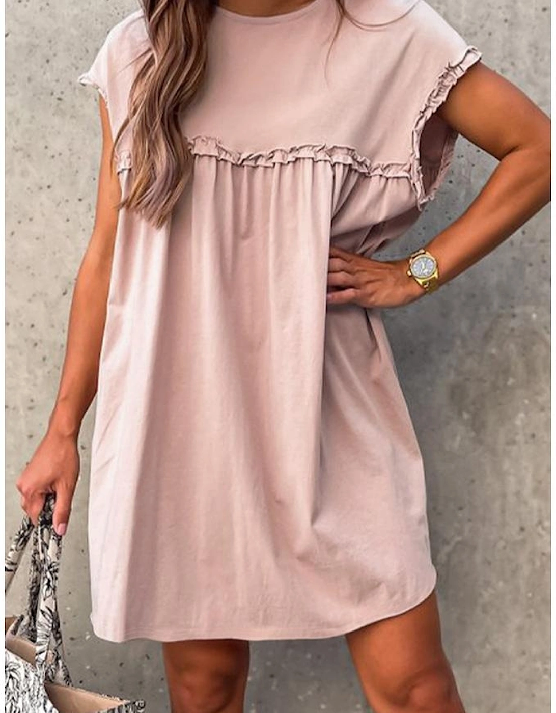 Oatmeal Frilled Trim Crew Neck Loose Fit Mini Dress