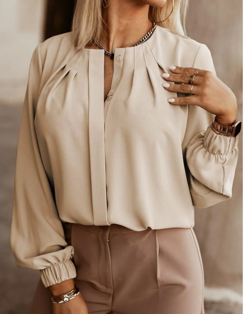 Khaki Crew Neck Gathered Stretch Cuff Shirt