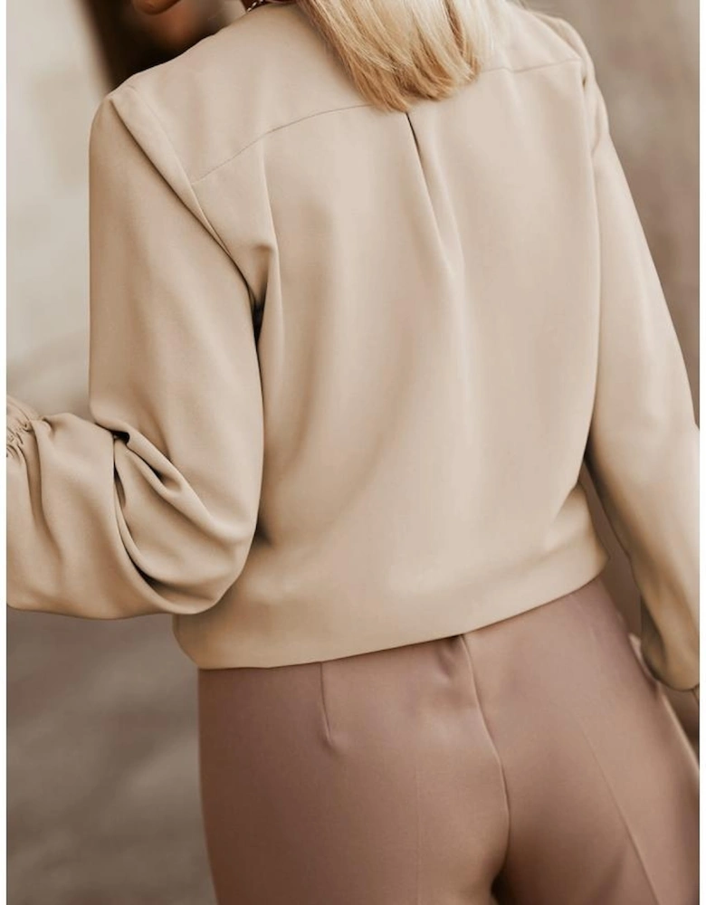 Khaki Crew Neck Gathered Stretch Cuff Shirt