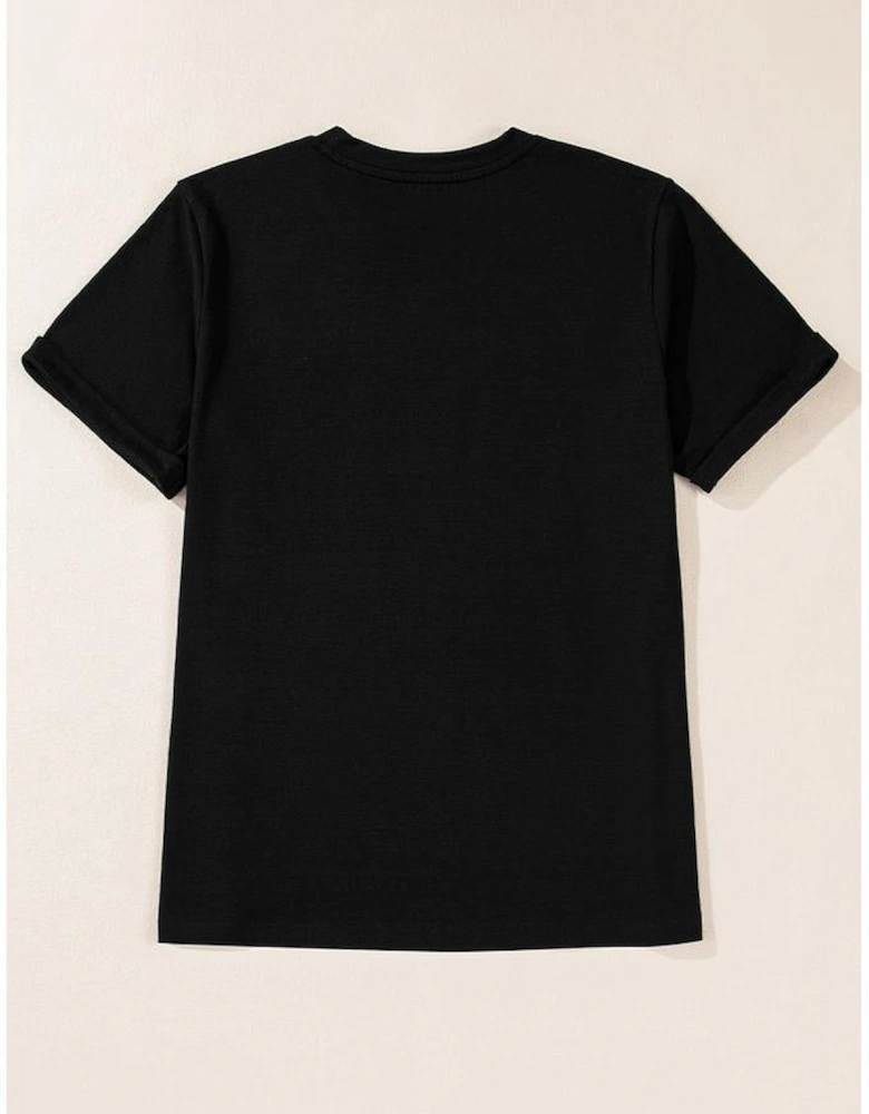 Black Santa Claus Leopard Bow Print Crew Neck Casual T Shirt