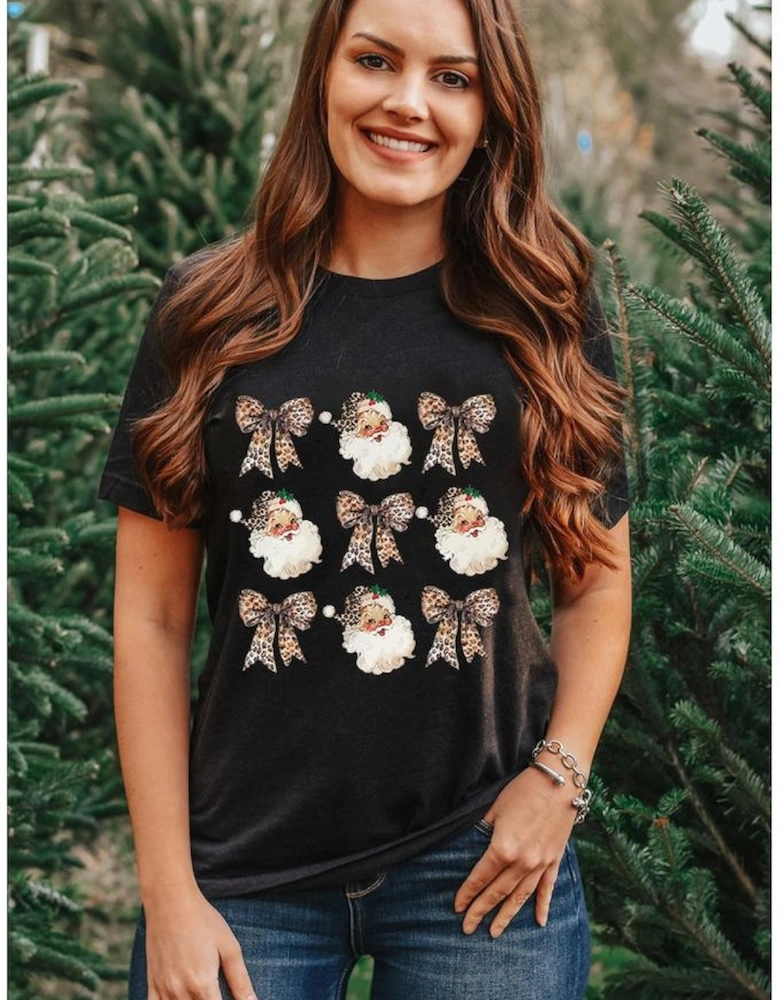 Black Santa Claus Leopard Bow Print Crew Neck Casual T Shirt