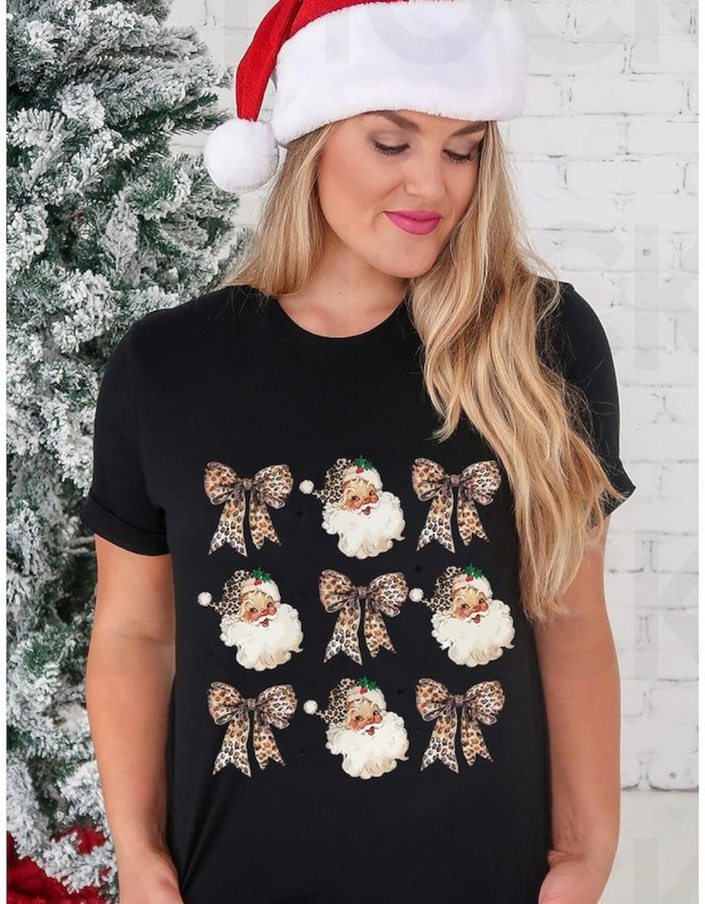 Black Santa Claus Leopard Bow Print Crew Neck Casual T Shirt