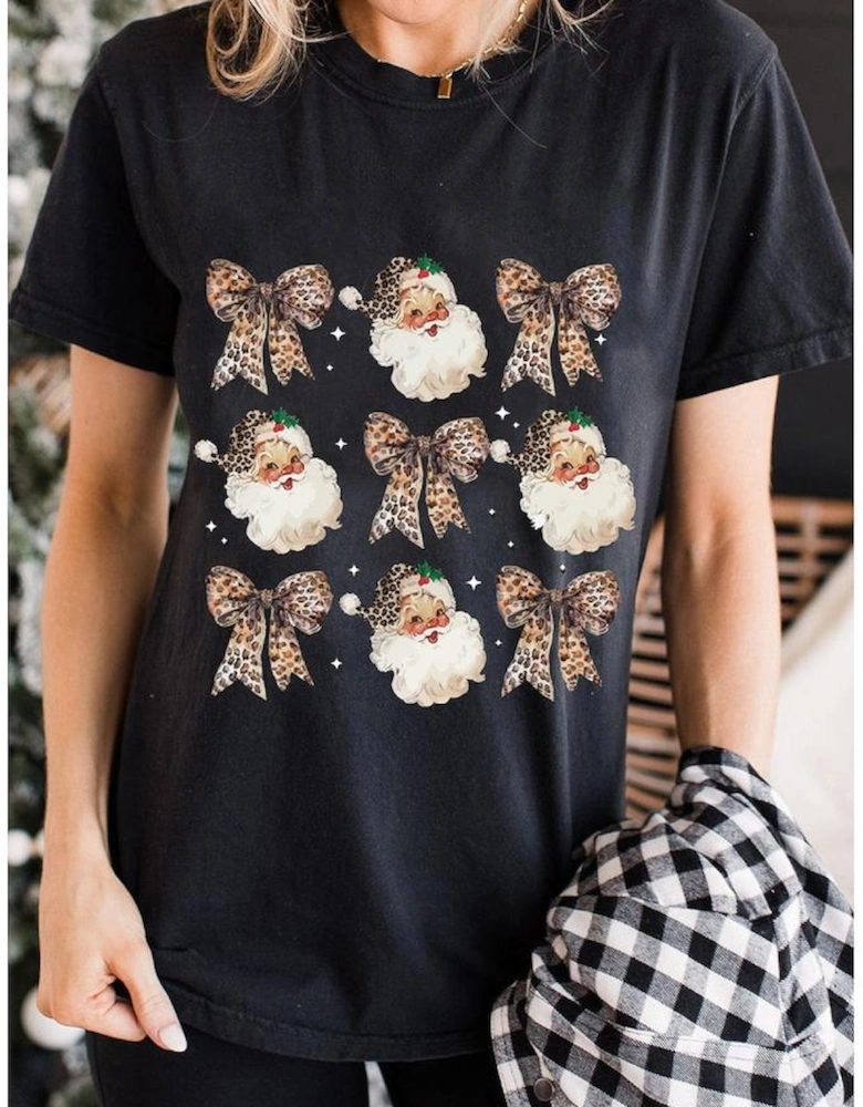 Black Santa Claus Leopard Bow Print Crew Neck Casual T Shirt
