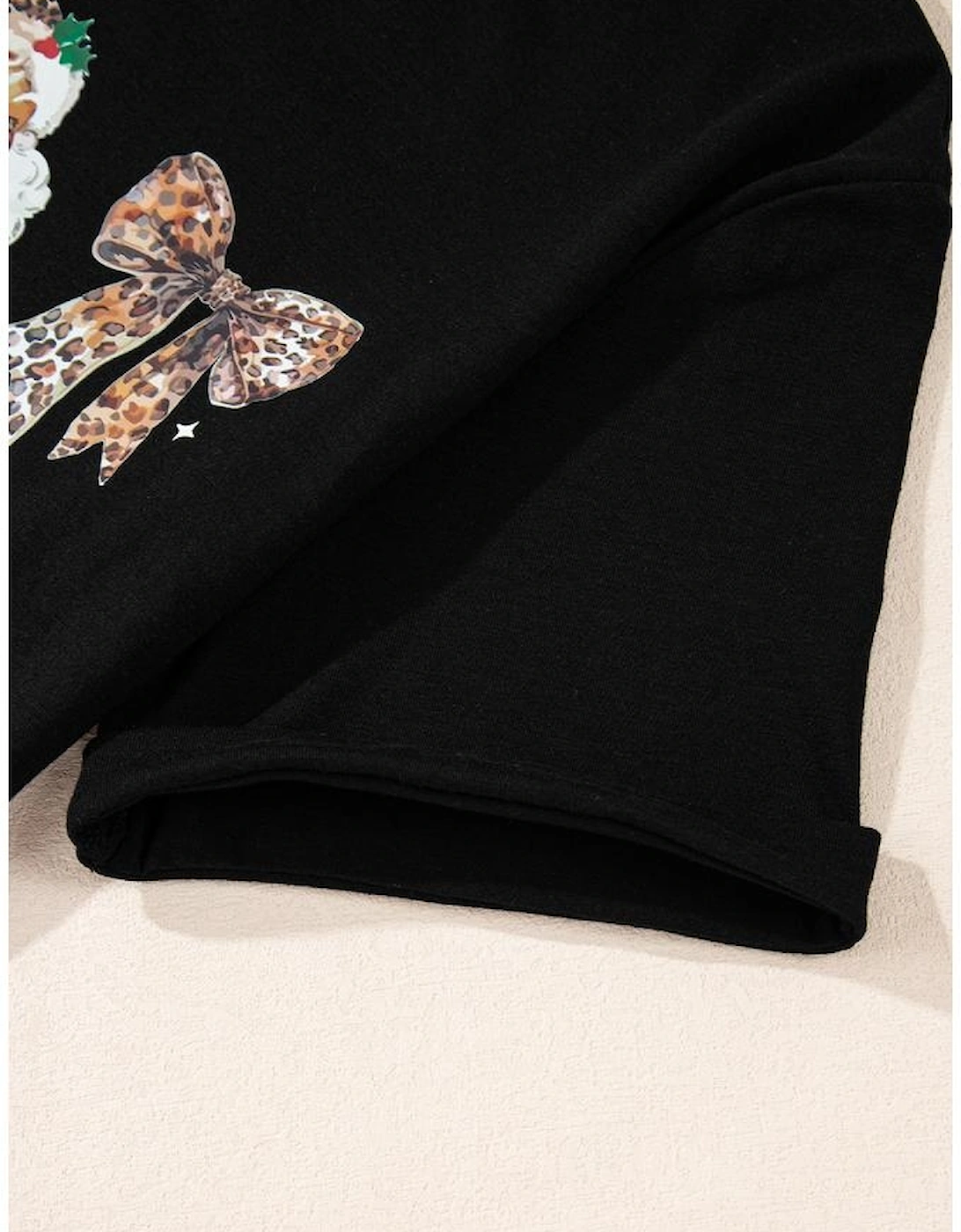 Black Santa Claus Leopard Bow Print Crew Neck Casual T Shirt