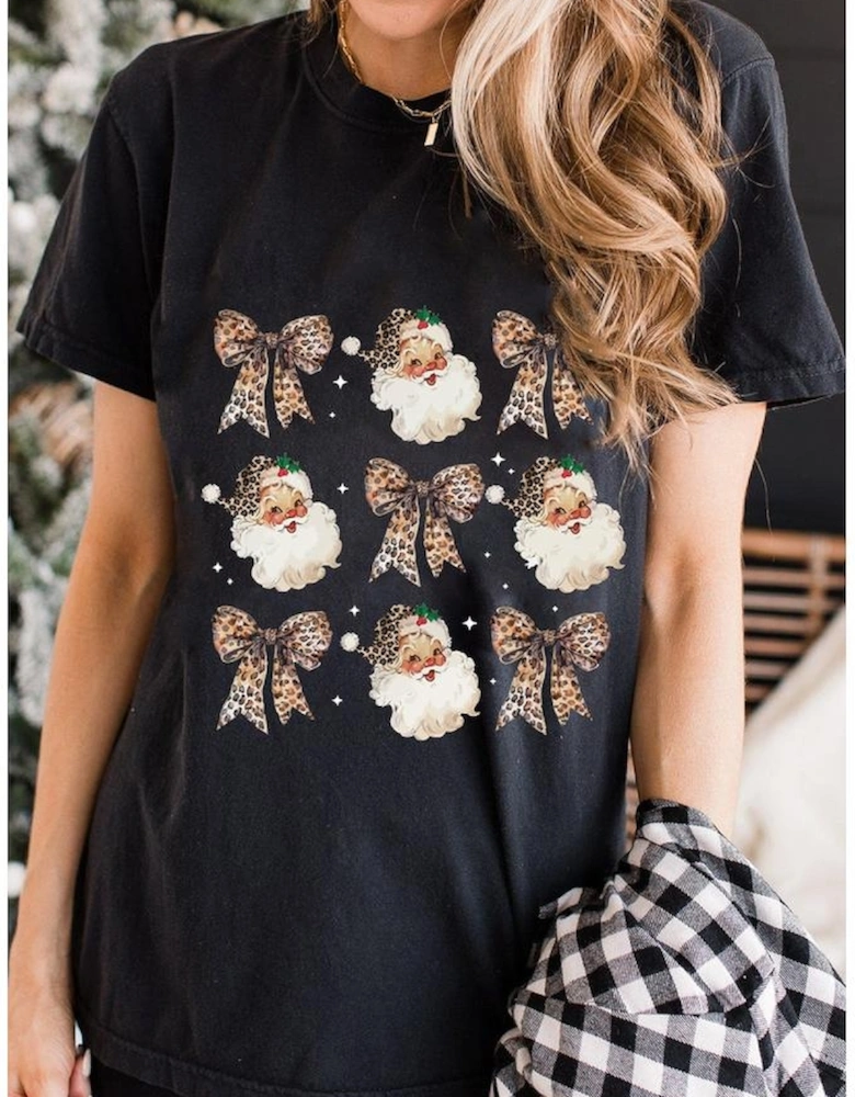 Black Santa Claus Leopard Bow Print Crew Neck Casual T Shirt