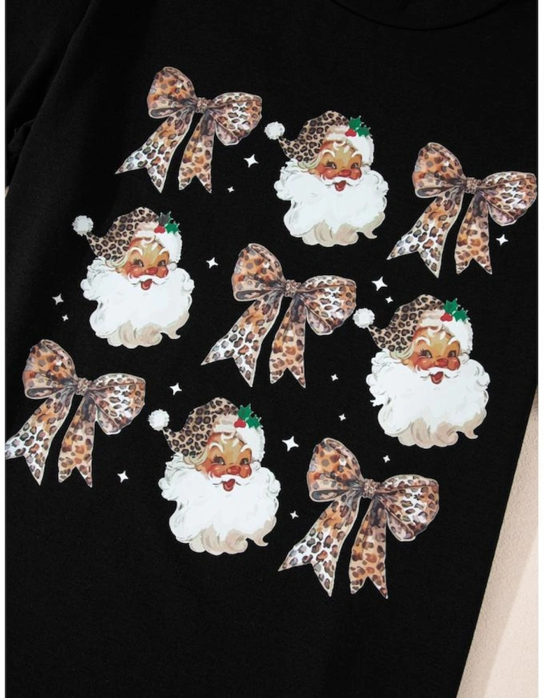 Black Santa Claus Leopard Bow Print Crew Neck Casual T Shirt
