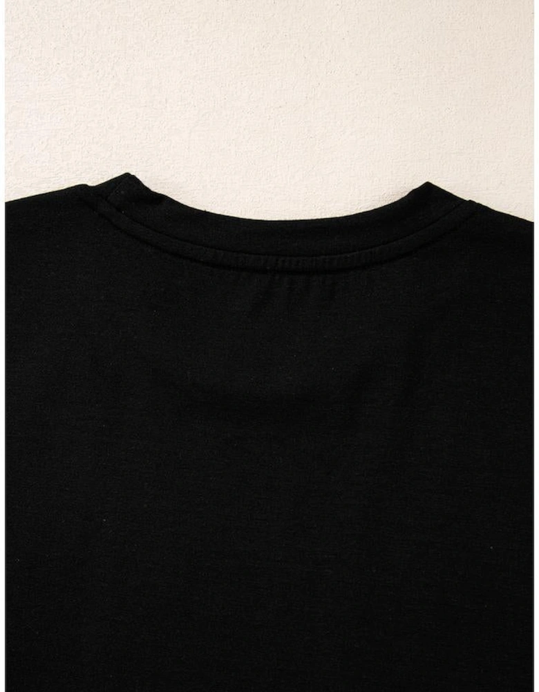 Black Santa Claus Leopard Bow Print Crew Neck Casual T Shirt