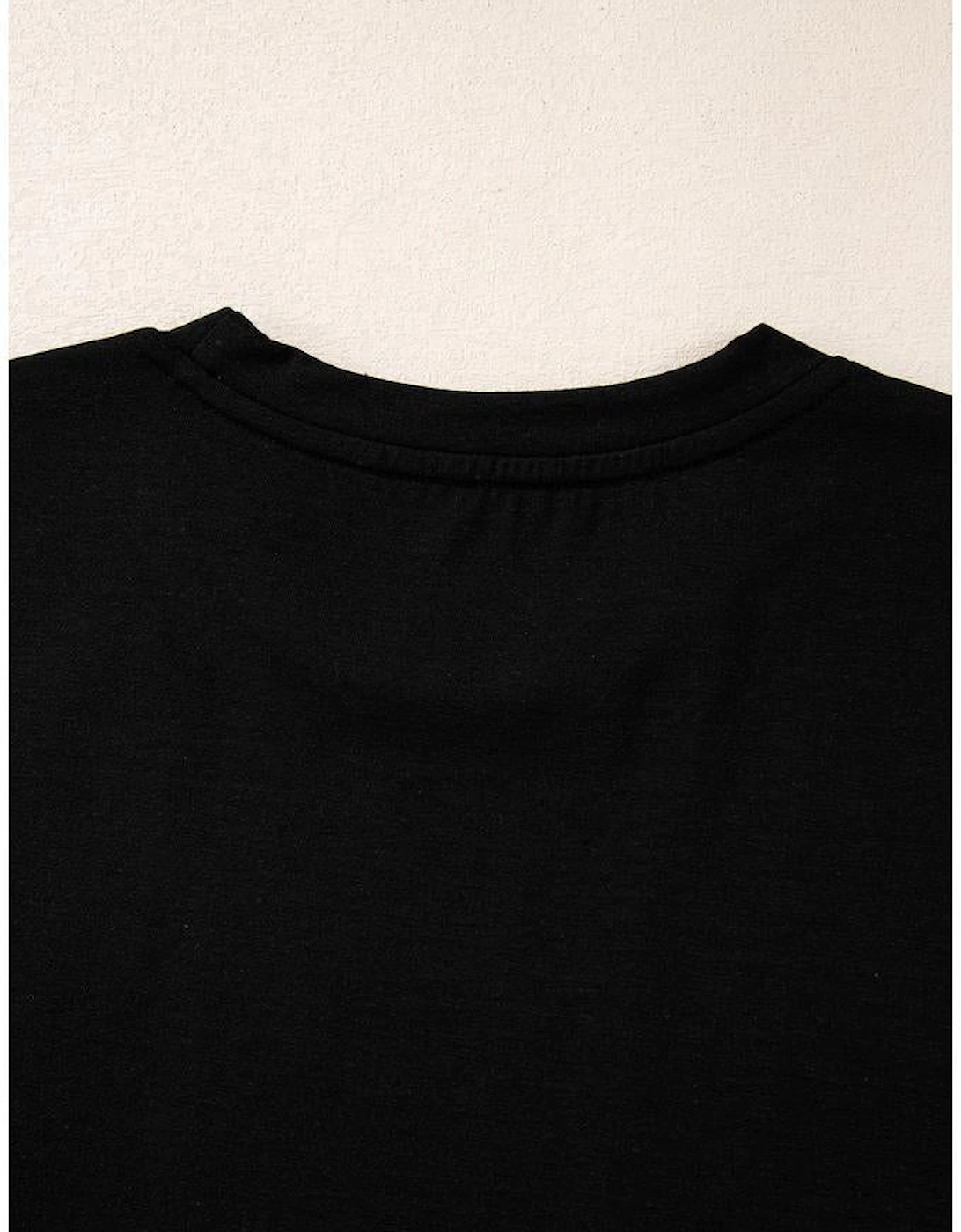 Black Santa Claus Leopard Bow Print Crew Neck Casual T Shirt