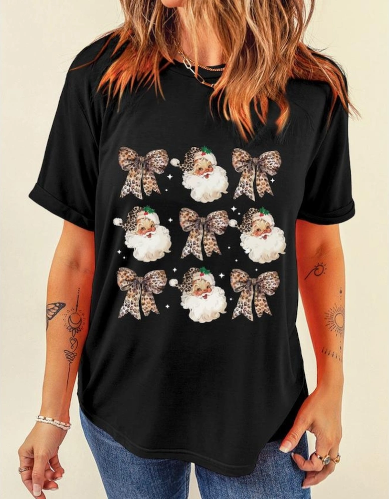 Black Santa Claus Leopard Bow Print Crew Neck Casual T Shirt