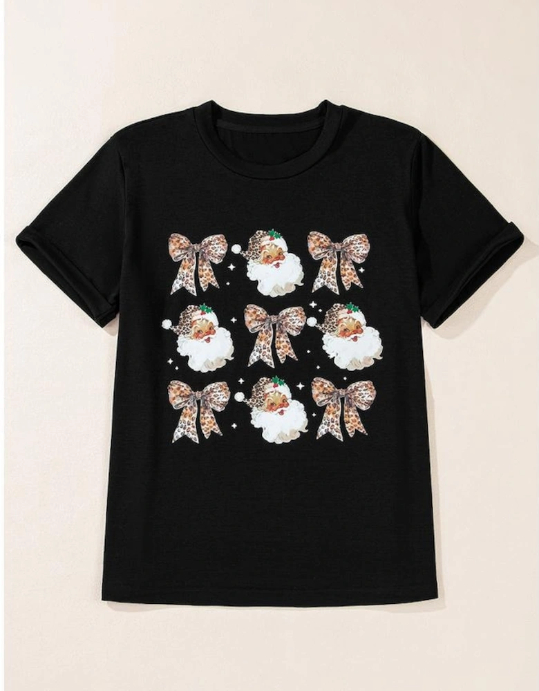 Black Santa Claus Leopard Bow Print Crew Neck Casual T Shirt