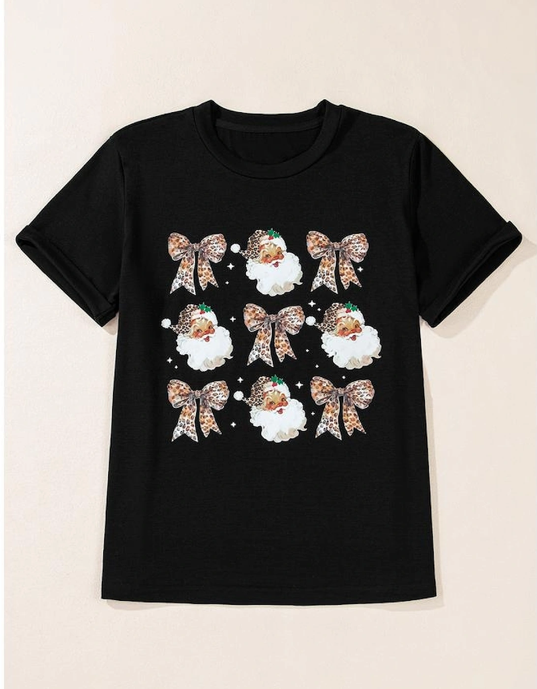 Black Santa Claus Leopard Bow Print Crew Neck Casual T Shirt