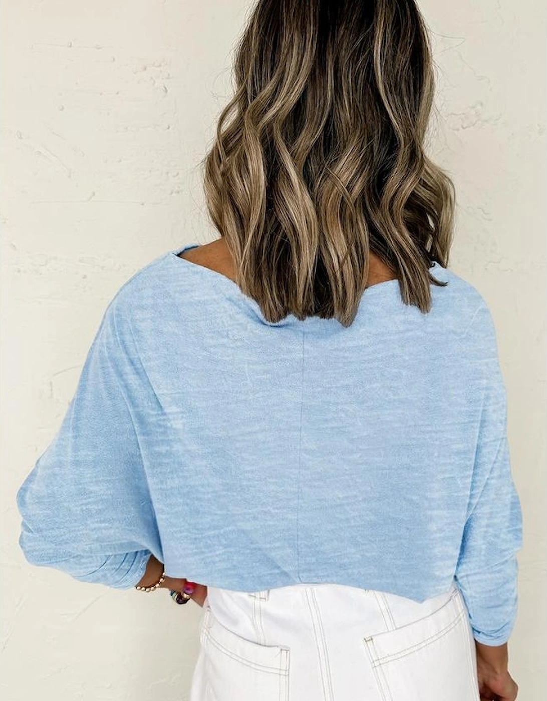 Beau Blue Solid Color Batwing Long Sleeve Top