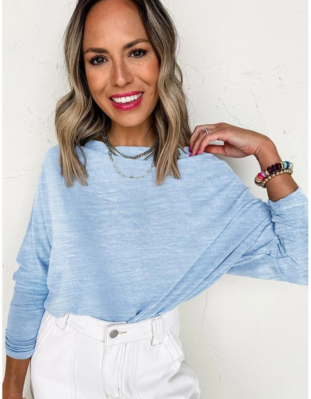 Beau Blue Solid Color Batwing Long Sleeve Top