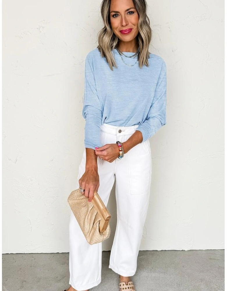 Beau Blue Solid Color Batwing Long Sleeve Top