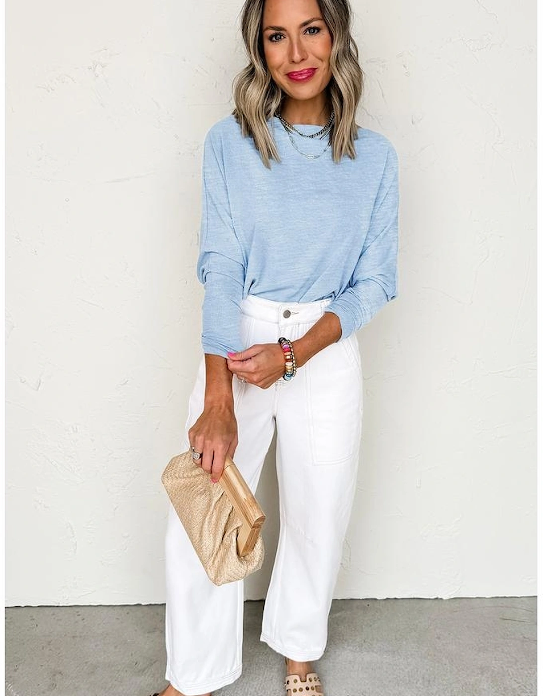 Beau Blue Solid Color Batwing Long Sleeve Top