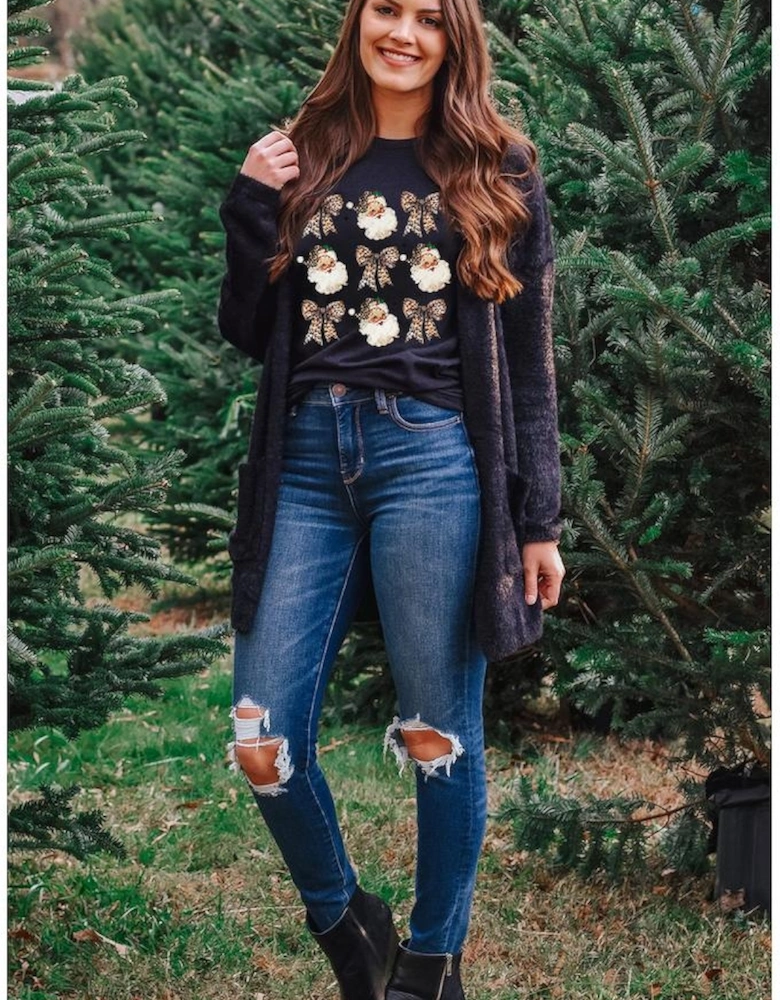 Black Santa Claus Leopard Bow Print Crew Neck Casual T Shirt