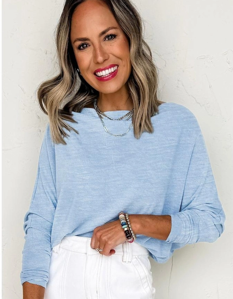 Beau Blue Solid Color Batwing Long Sleeve Top