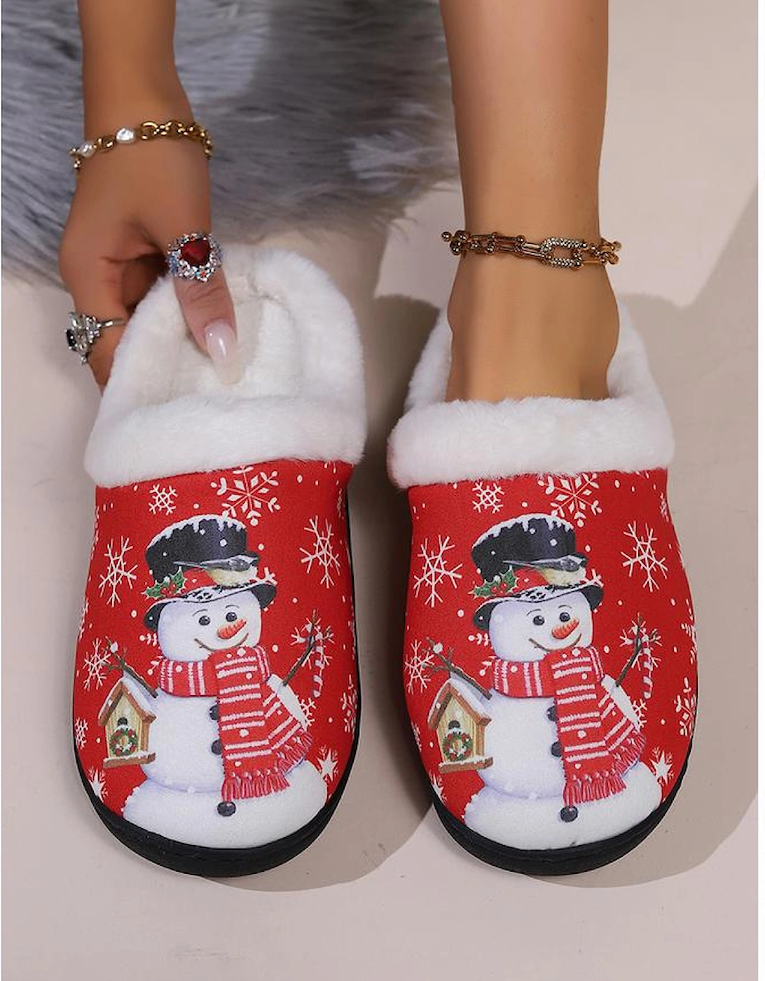 Fiery Red Christmas Snowman Print Plush Home Slippers