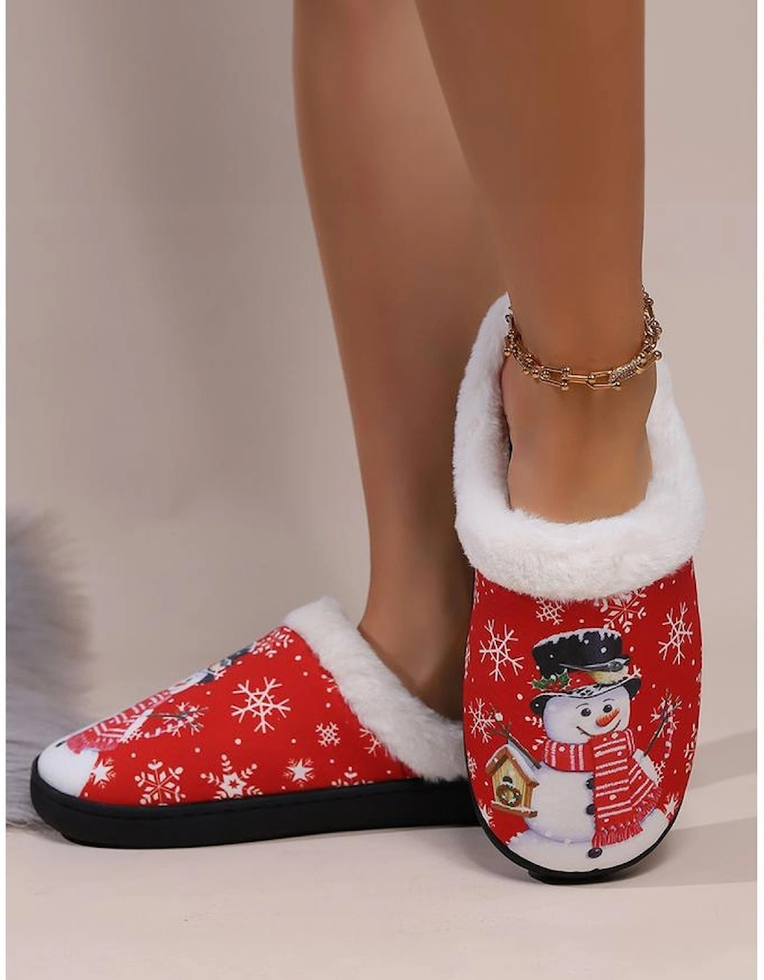 Fiery Red Christmas Snowman Print Plush Home Slippers