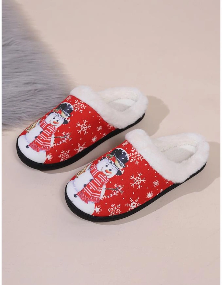 Fiery Red Christmas Snowman Print Plush Home Slippers