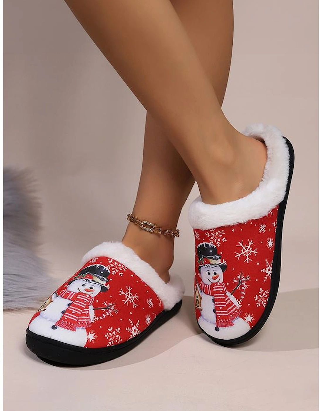 Fiery Red Christmas Snowman Print Plush Home Slippers