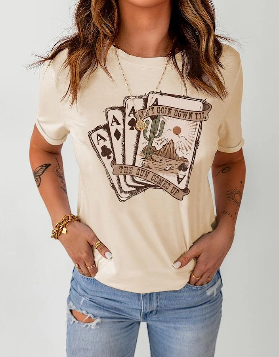 Khaki Western Poker Cards Graphic T Shirt
