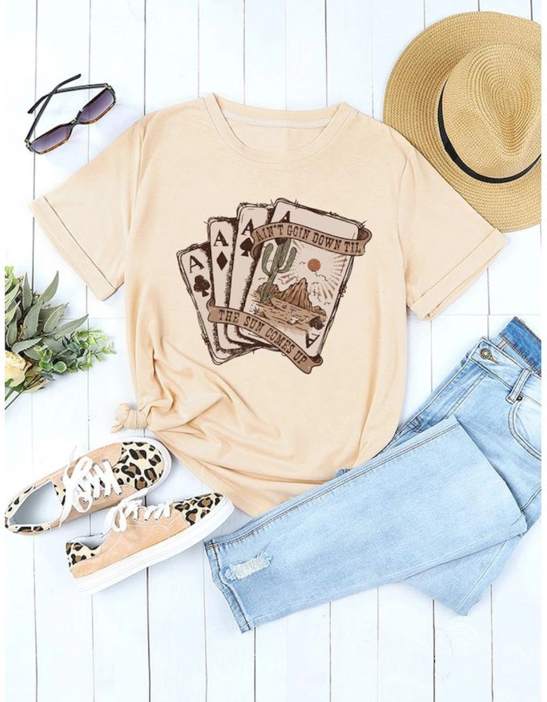 Khaki Western Poker Cards Graphic T Shirt